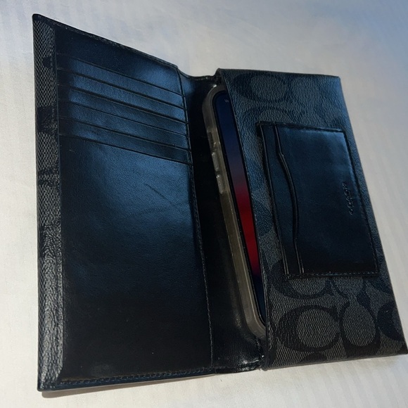 Coach Tech Phone Bi Fold Wallet Black Gray Pebbled Logo Leather - Picture 1 of 9